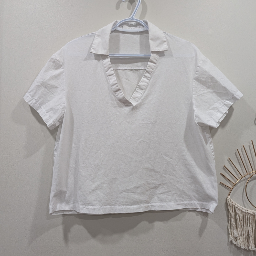 Mango 100% Cotton White V-Neck Blouse